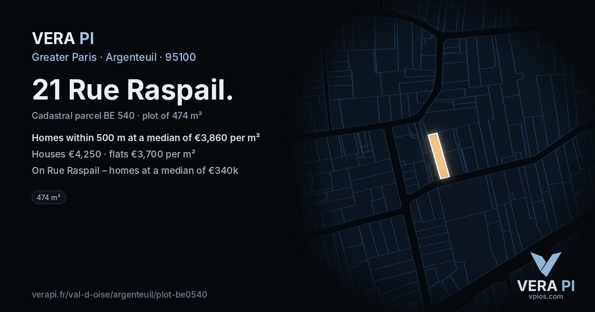 21 Rue Raspail, Argenteuil at night – the plot lit, the parcels around coloured by the prices near them