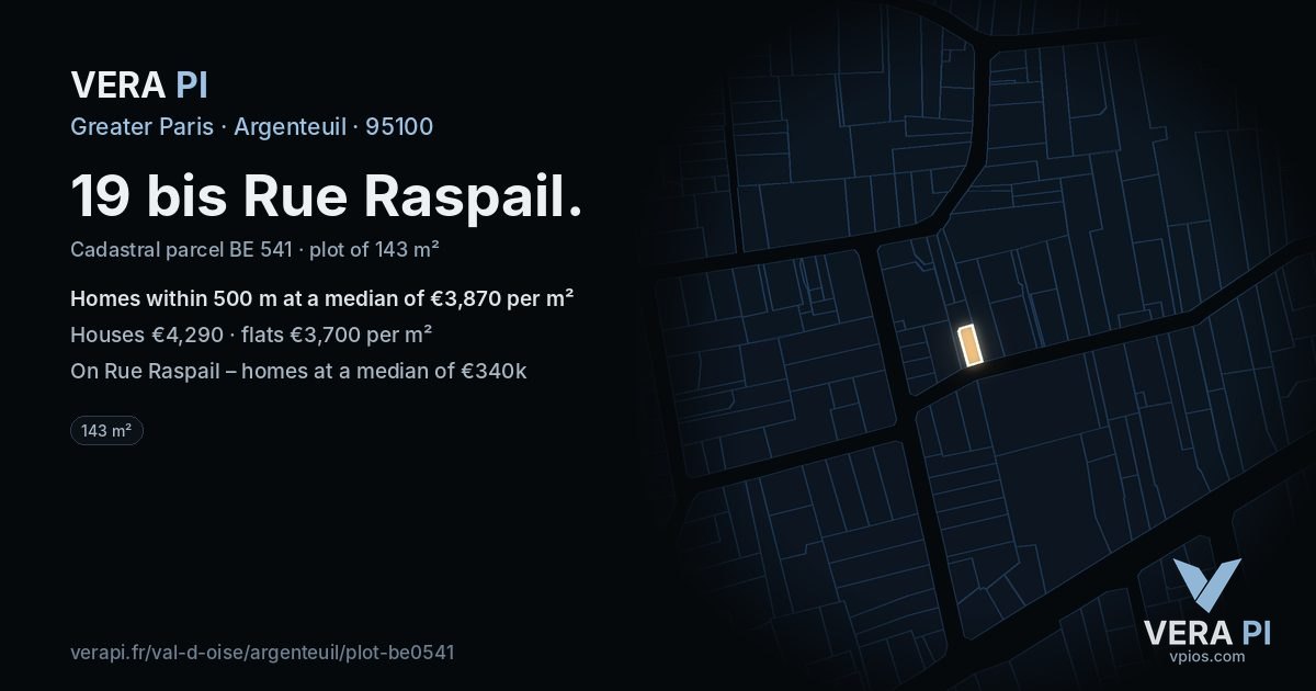 19 bis Rue Raspail, Argenteuil at night – the plot lit, the parcels around coloured by the prices near them