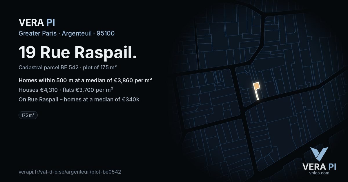 19 Rue Raspail, Argenteuil at night – the plot lit, the parcels around coloured by the prices near them
