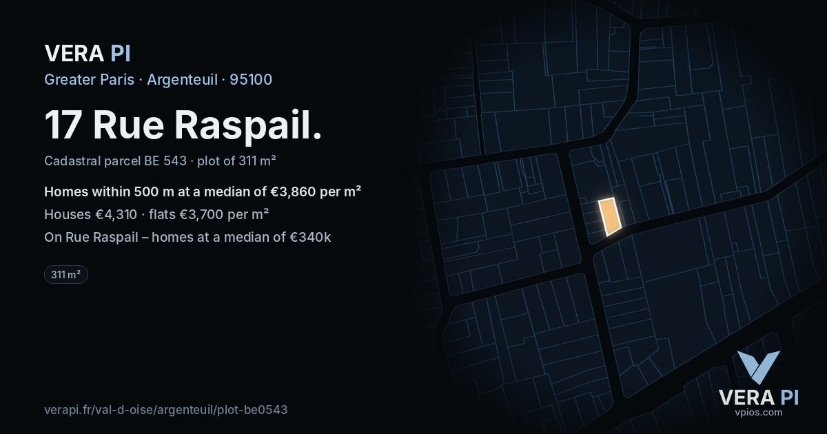 17 Rue Raspail, Argenteuil at night – the plot lit, the parcels around coloured by the prices near them