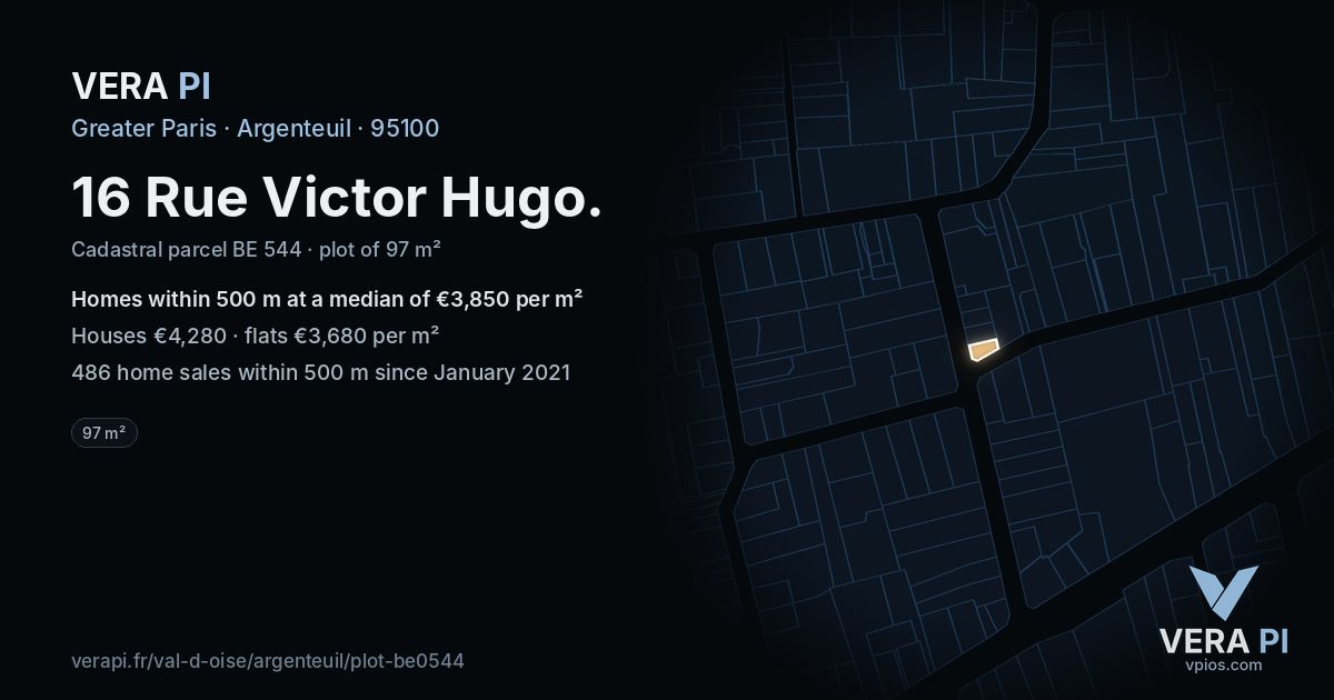 16 Rue Victor Hugo, Argenteuil at night – the plot lit, the parcels around coloured by the prices near them