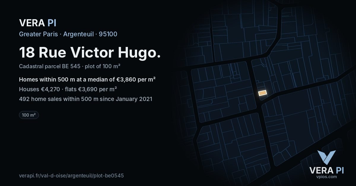 18 Rue Victor Hugo, Argenteuil at night – the plot lit, the parcels around coloured by the prices near them