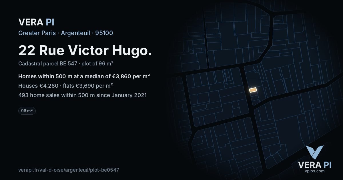 22 Rue Victor Hugo, Argenteuil at night – the plot lit, the parcels around coloured by the prices near them