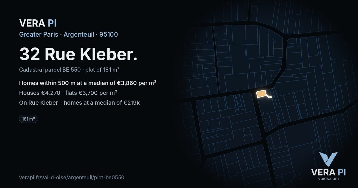 32 Rue Kleber, Argenteuil at night – the plot lit, the parcels around coloured by the prices near them
