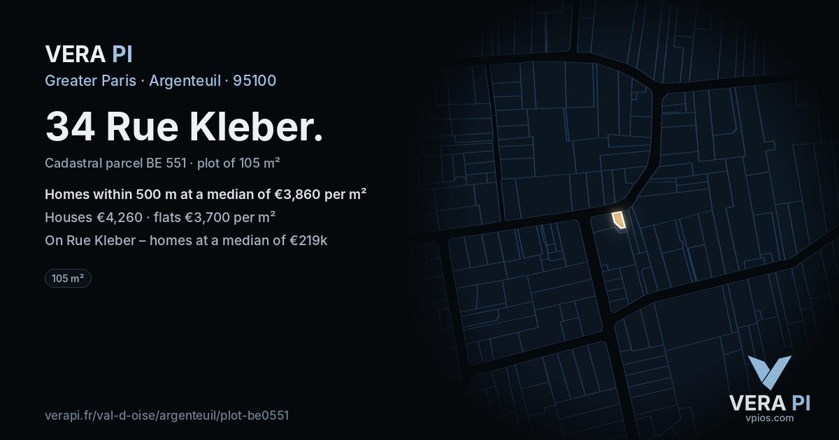 34 Rue Kleber, Argenteuil at night – the plot lit, the parcels around coloured by the prices near them