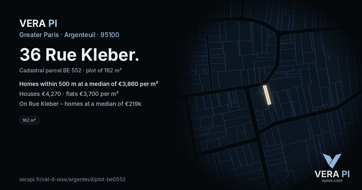 36 Rue Kleber, Argenteuil at night – the plot lit, the parcels around coloured by the prices near them