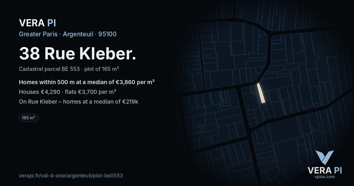 38 Rue Kleber, Argenteuil at night – the plot lit, the parcels around coloured by the prices near them