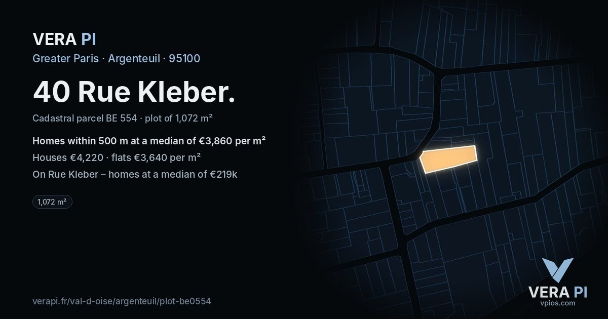 40 Rue Kleber, Argenteuil at night – the plot lit, the parcels around coloured by the prices near them