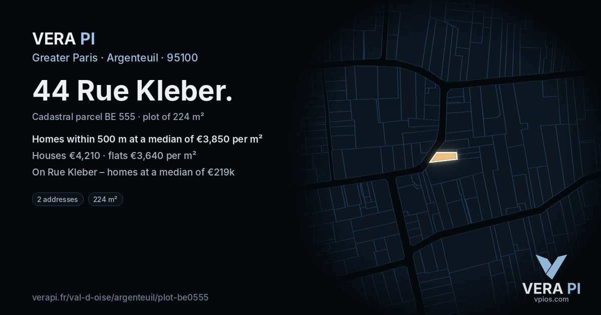 44 Rue Kleber, Argenteuil at night – the plot lit, the parcels around coloured by the prices near them