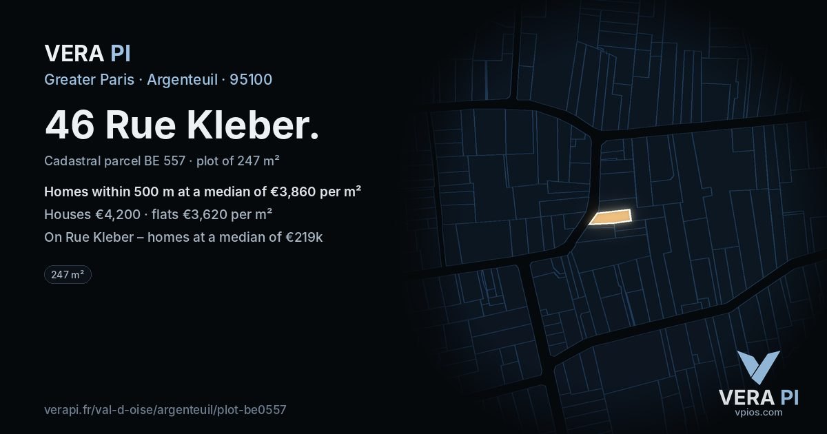 46 Rue Kleber, Argenteuil at night – the plot lit, the parcels around coloured by the prices near them