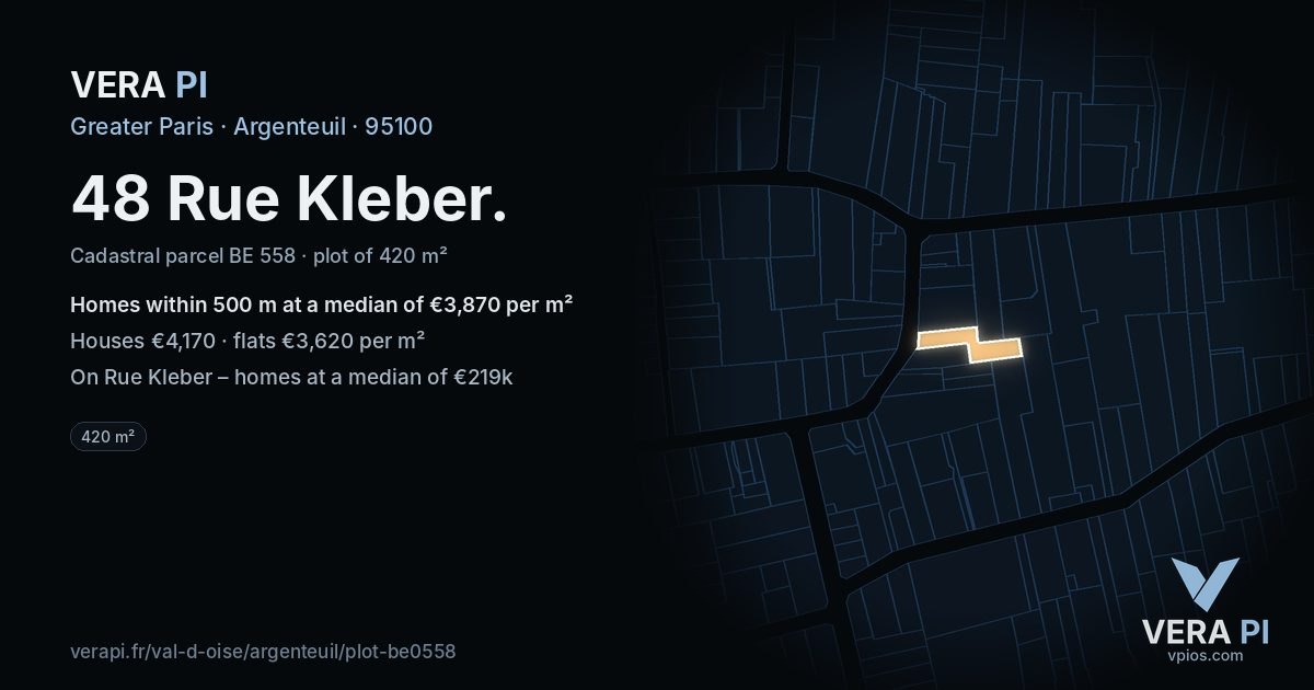 48 Rue Kleber, Argenteuil at night – the plot lit, the parcels around coloured by the prices near them