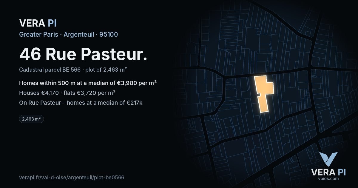 46 Rue Pasteur, Argenteuil at night – the plot lit, the parcels around coloured by the prices near them