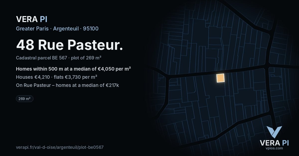 48 Rue Pasteur, Argenteuil at night – the plot lit, the parcels around coloured by the prices near them