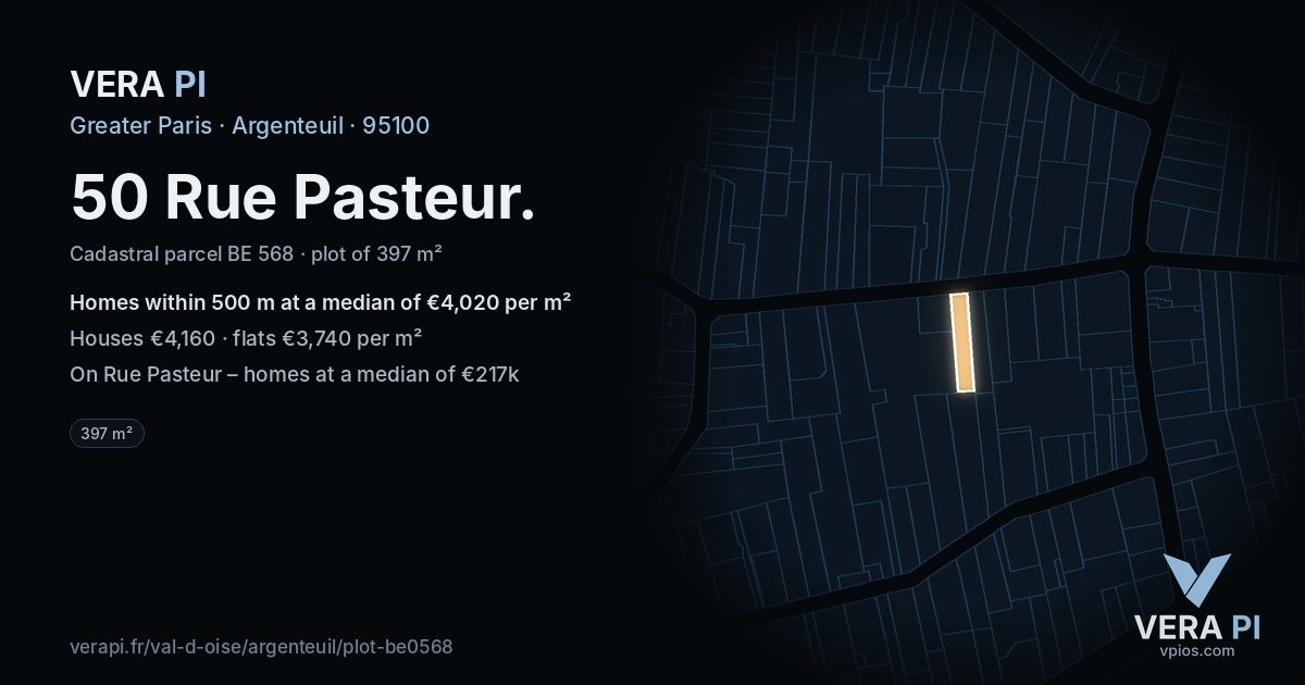 50 Rue Pasteur, Argenteuil at night – the plot lit, the parcels around coloured by the prices near them
