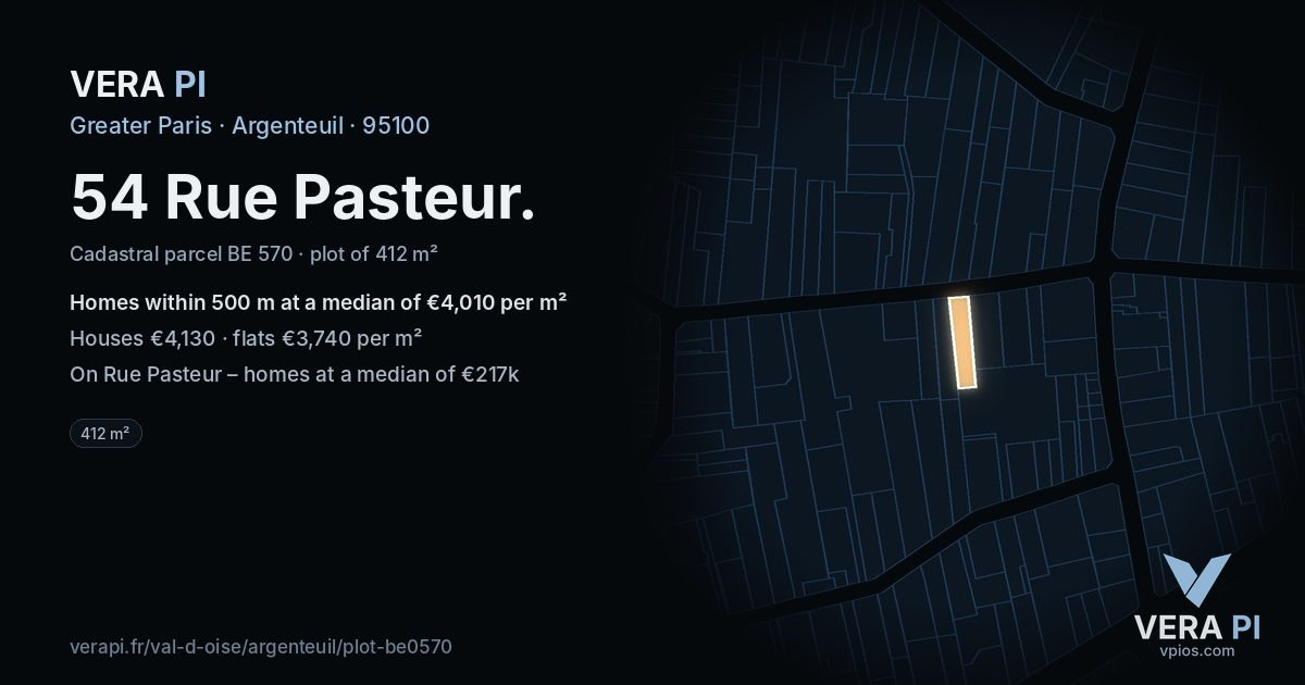 54 Rue Pasteur, Argenteuil at night – the plot lit, the parcels around coloured by the prices near them