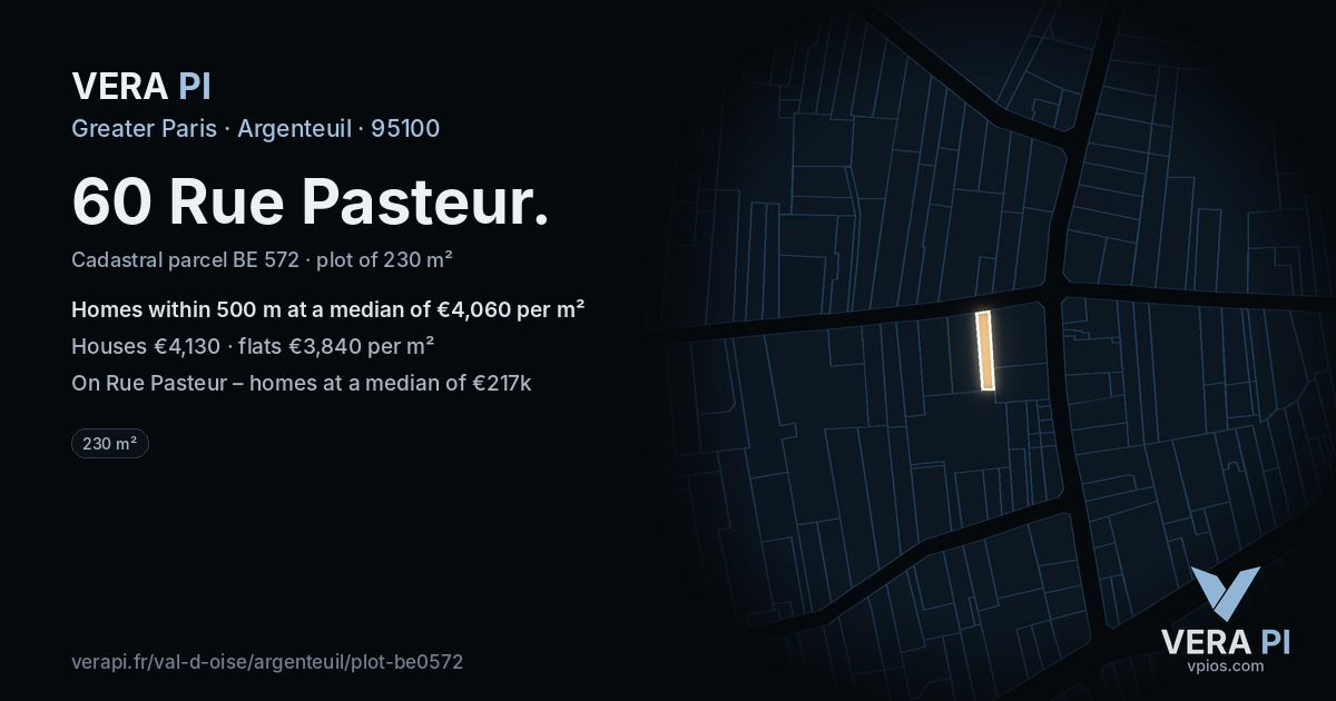 60 Rue Pasteur, Argenteuil at night – the plot lit, the parcels around coloured by the prices near them