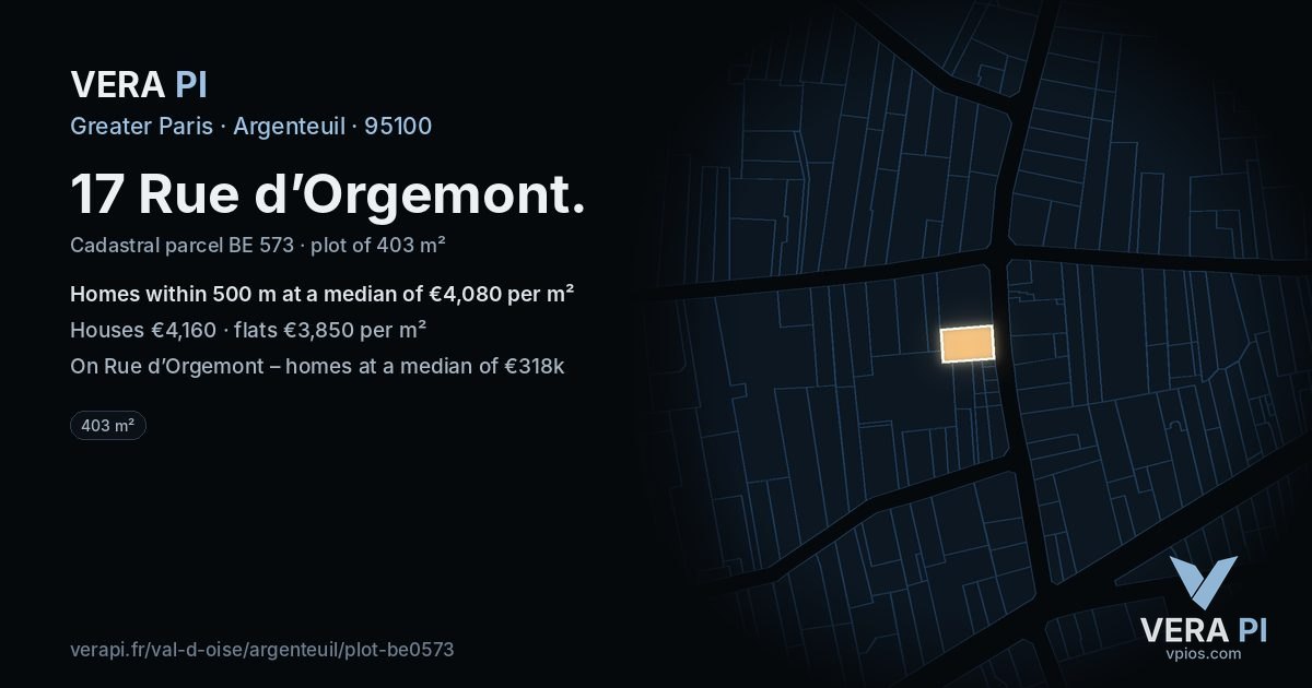 17 Rue d’Orgemont, Argenteuil at night – the plot lit, the parcels around coloured by the prices near them