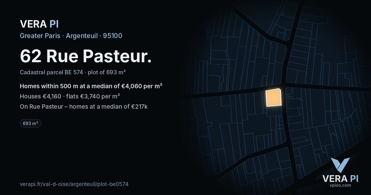 62 Rue Pasteur, Argenteuil at night – the plot lit, the parcels around coloured by the prices near them