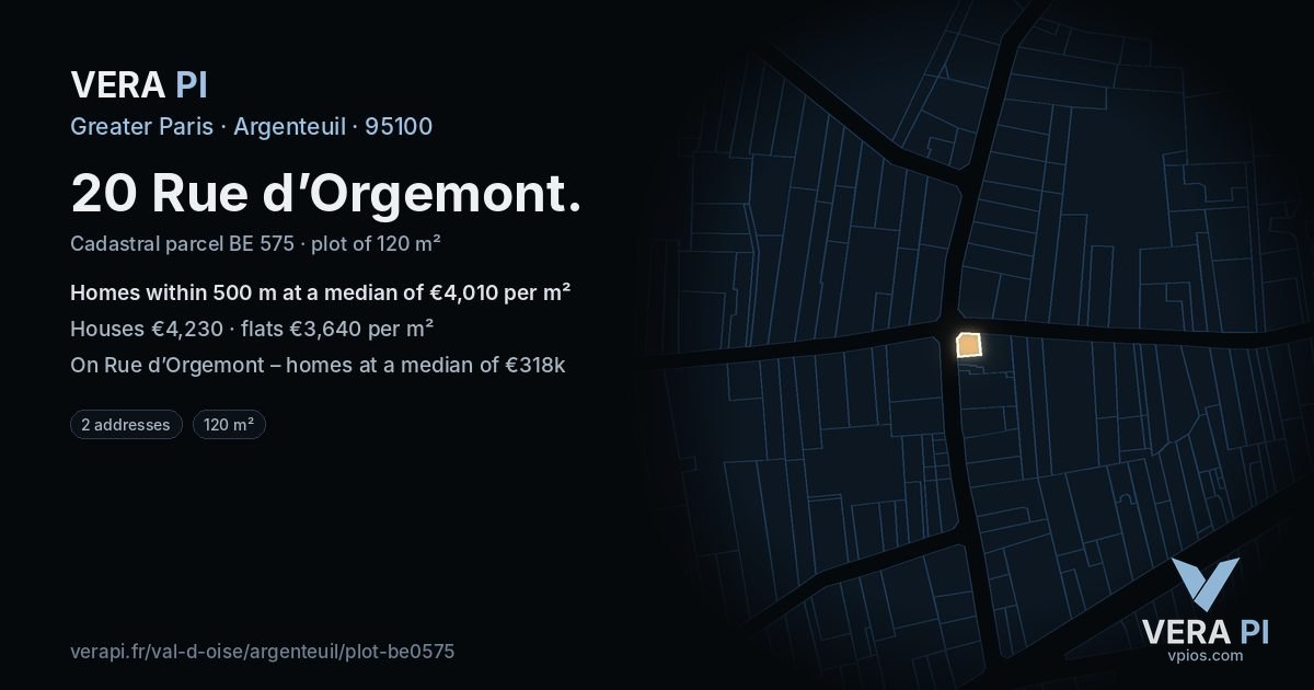 20 Rue d’Orgemont, Argenteuil at night – the plot lit, the parcels around coloured by the prices near them