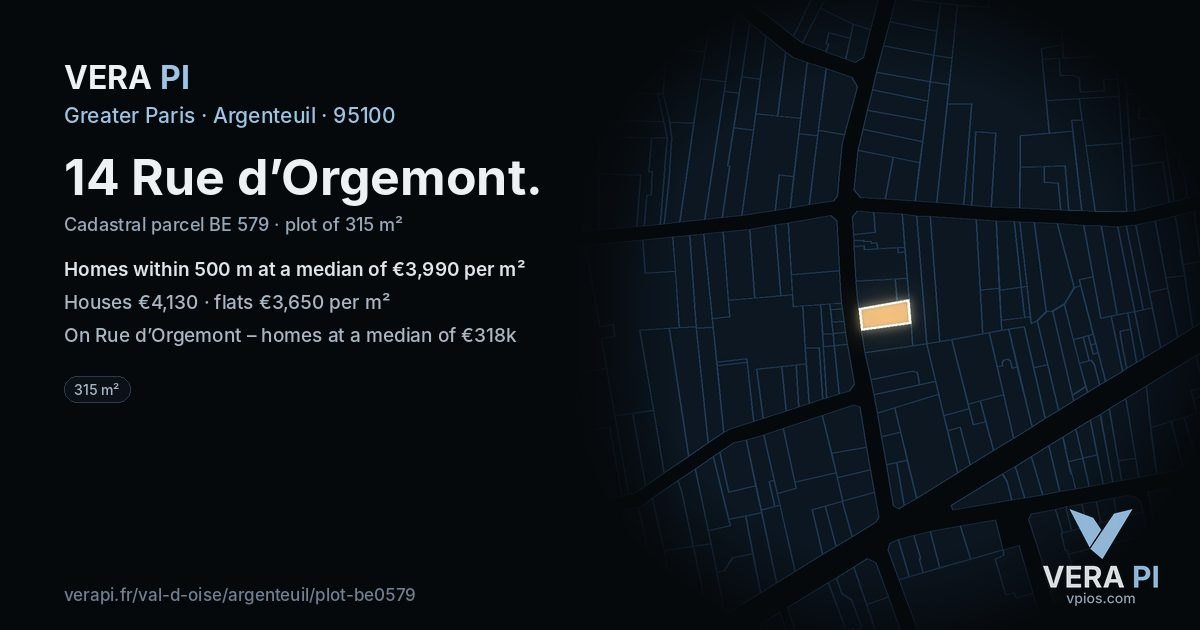 14 Rue d’Orgemont, Argenteuil at night – the plot lit, the parcels around coloured by the prices near them