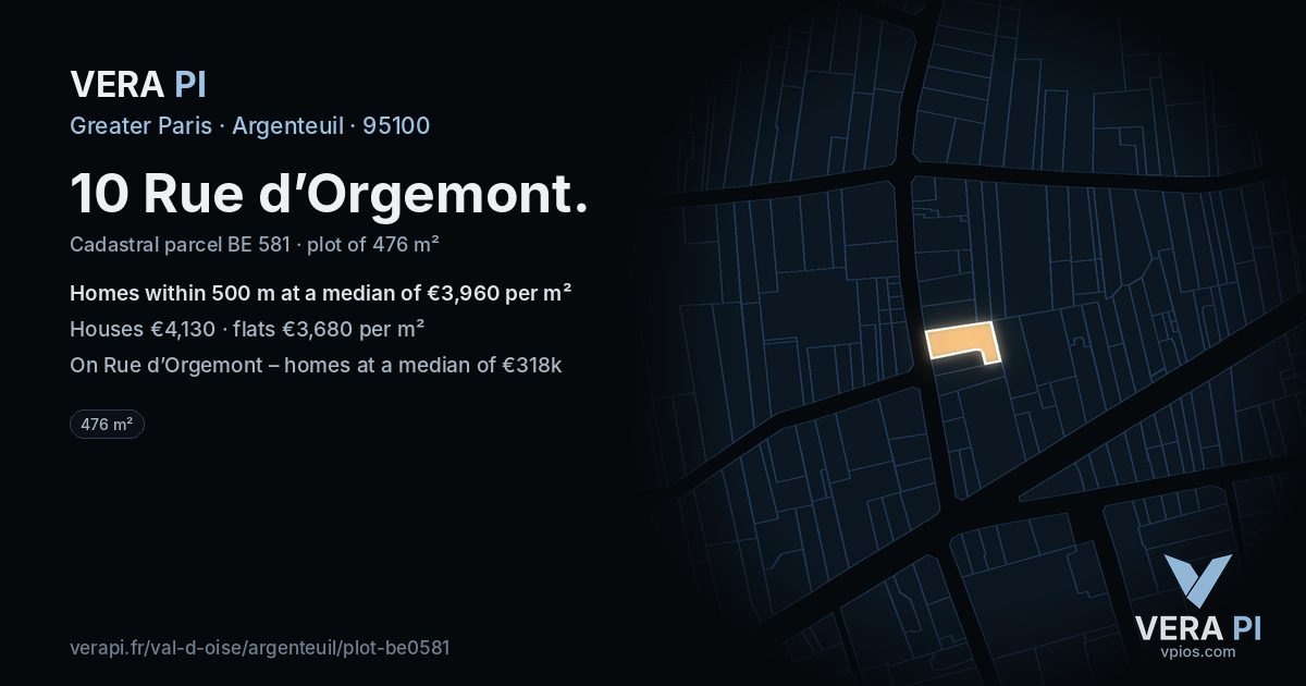 10 Rue d’Orgemont, Argenteuil at night – the plot lit, the parcels around coloured by the prices near them