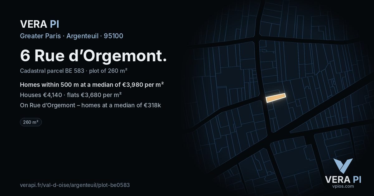 6 Rue d’Orgemont, Argenteuil at night – the plot lit, the parcels around coloured by the prices near them