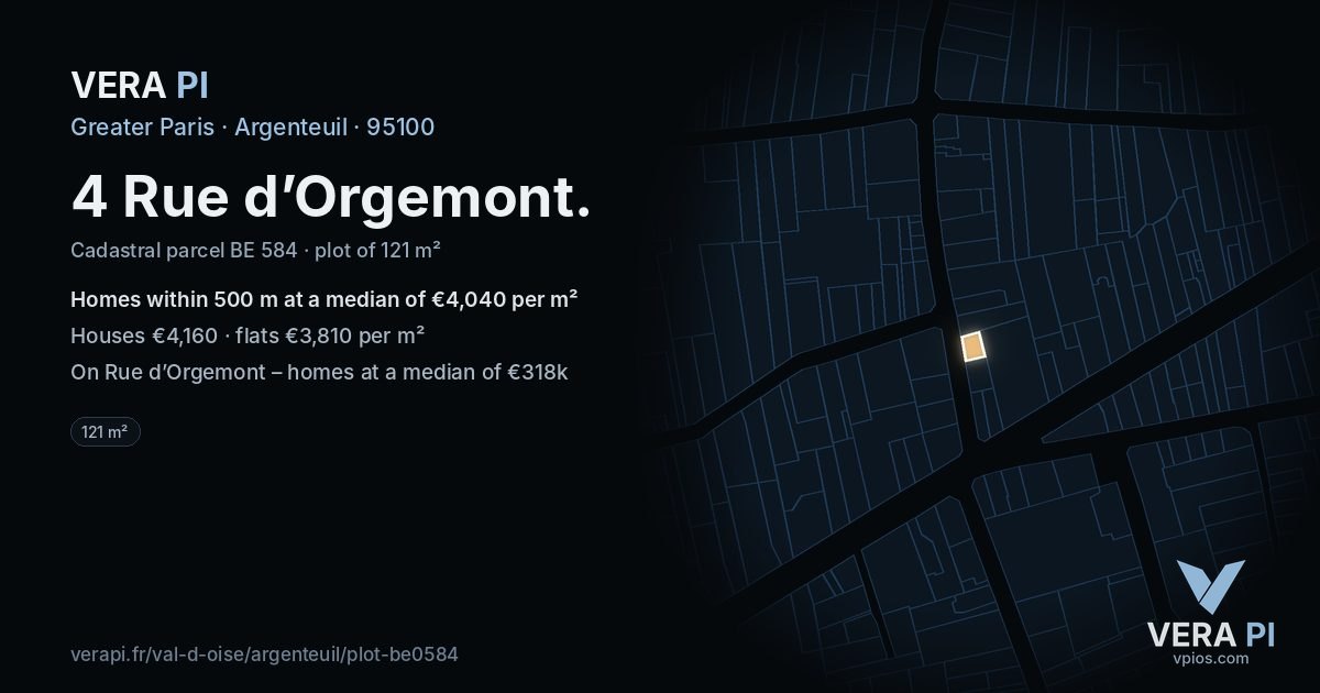4 Rue d’Orgemont, Argenteuil at night – the plot lit, the parcels around coloured by the prices near them