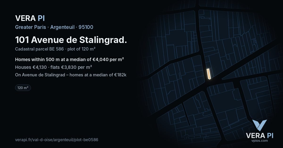 101 Avenue de Stalingrad, Argenteuil at night – the plot lit, the parcels around coloured by the prices near them
