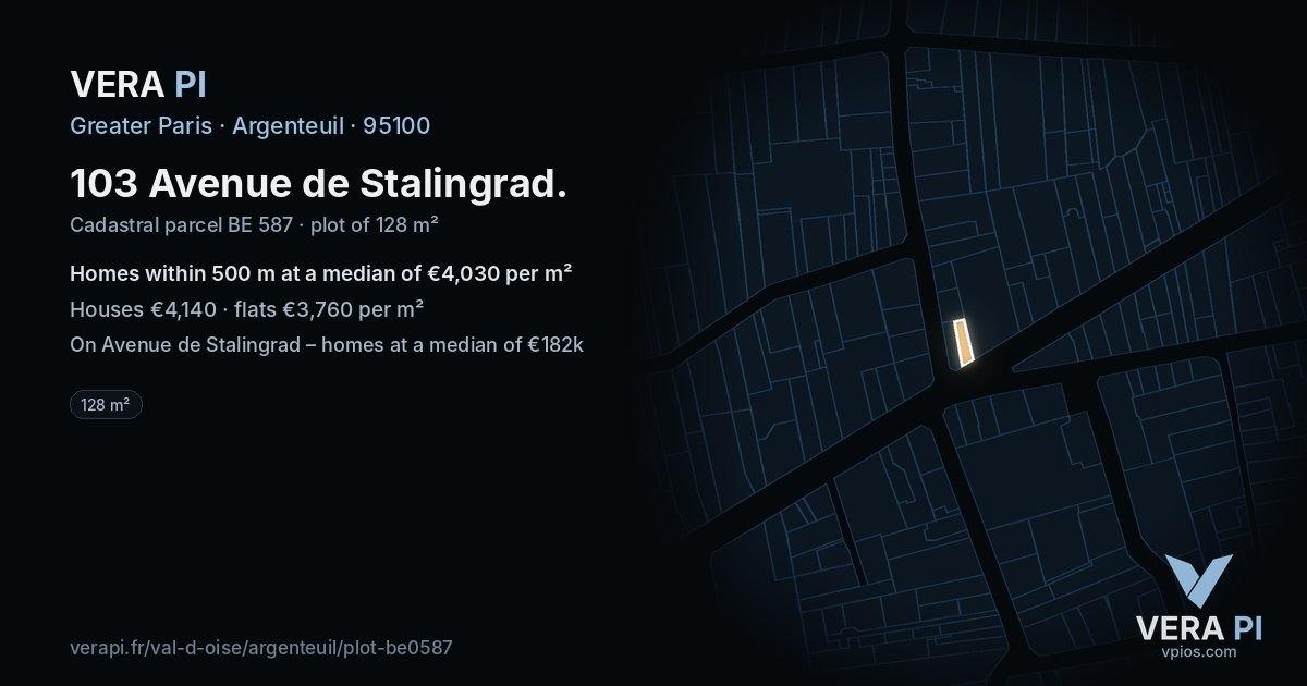 103 Avenue de Stalingrad, Argenteuil at night – the plot lit, the parcels around coloured by the prices near them