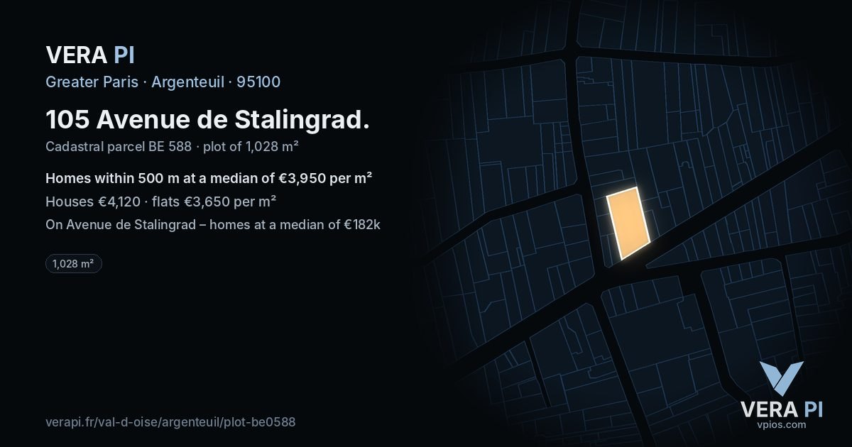 105 Avenue de Stalingrad, Argenteuil at night – the plot lit, the parcels around coloured by the prices near them