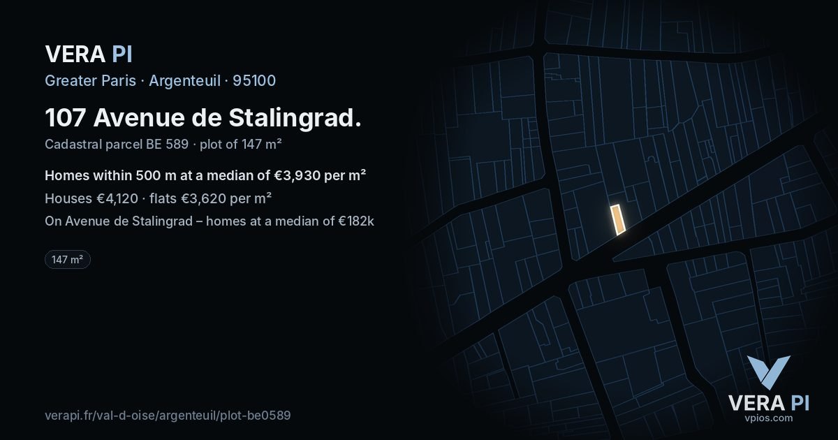 107 Avenue de Stalingrad, Argenteuil at night – the plot lit, the parcels around coloured by the prices near them