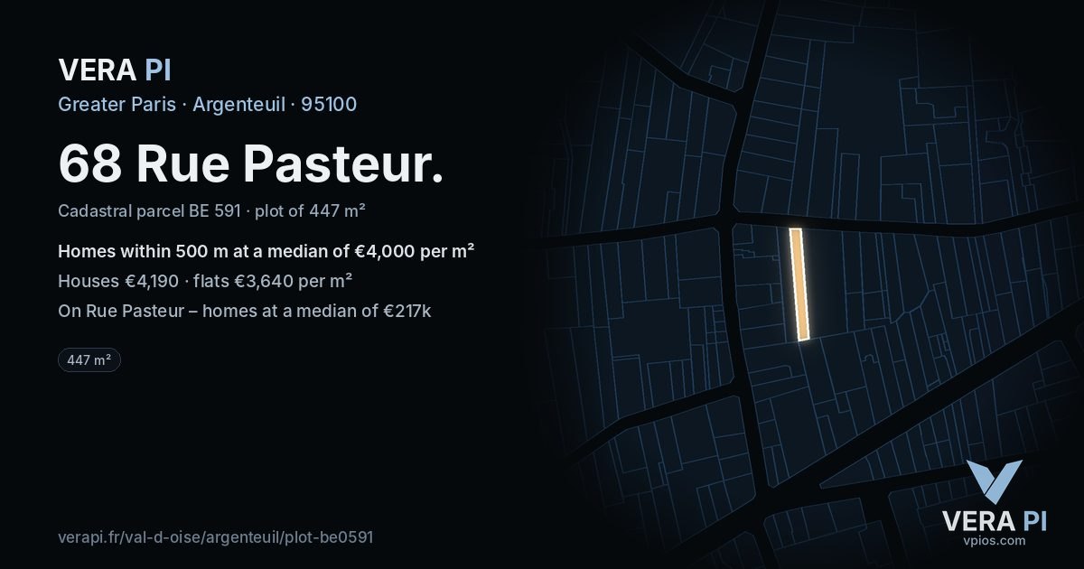 68 Rue Pasteur, Argenteuil at night – the plot lit, the parcels around coloured by the prices near them