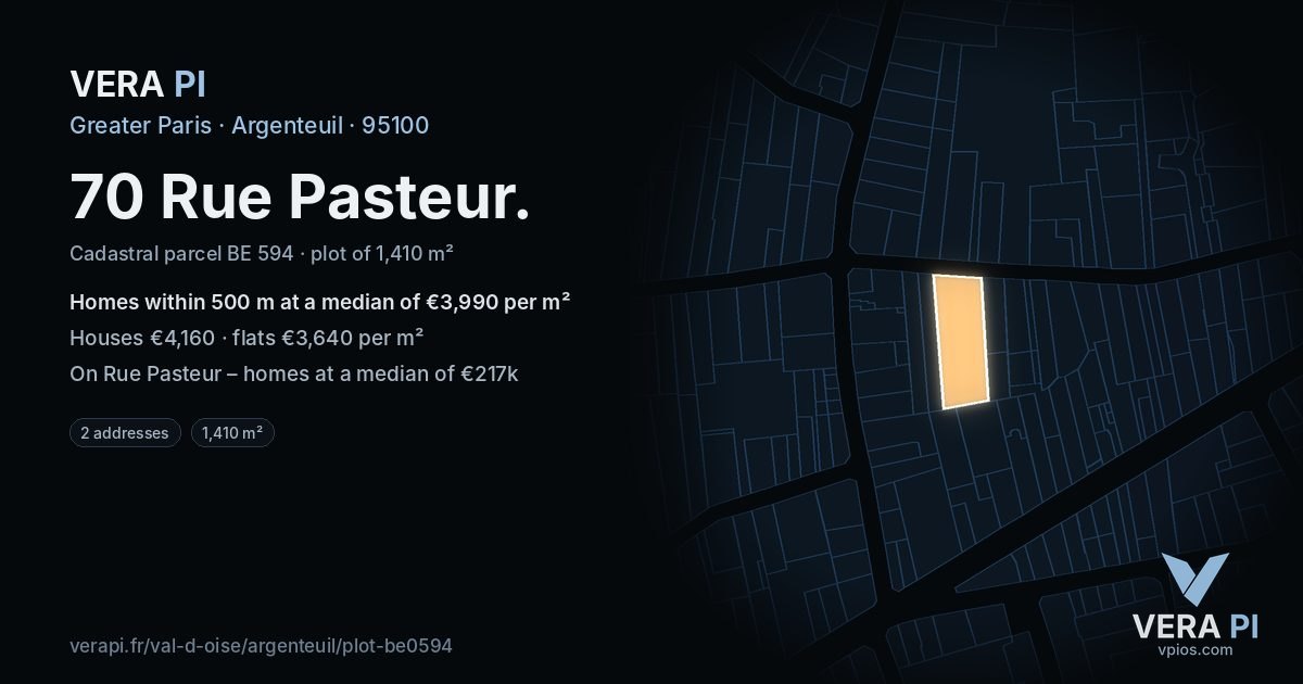 70 Rue Pasteur, Argenteuil at night – the plot lit, the parcels around coloured by the prices near them