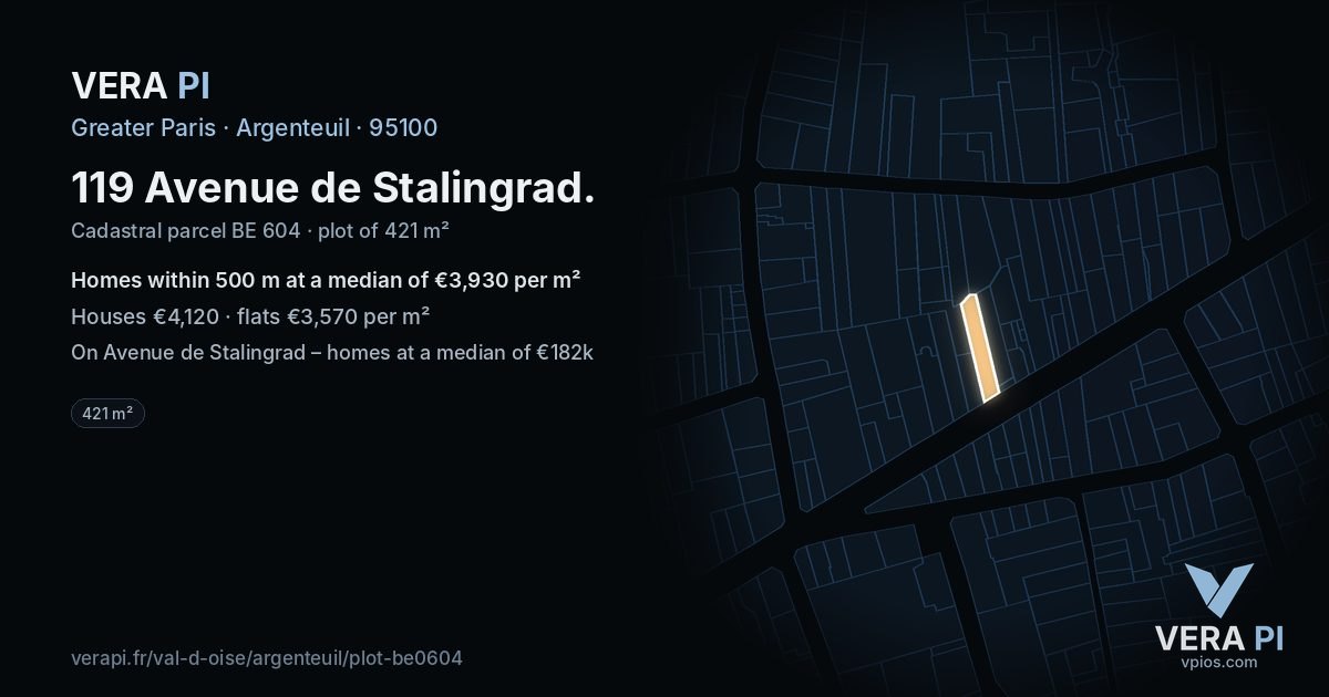 119 Avenue de Stalingrad, Argenteuil at night – the plot lit, the parcels around coloured by the prices near them
