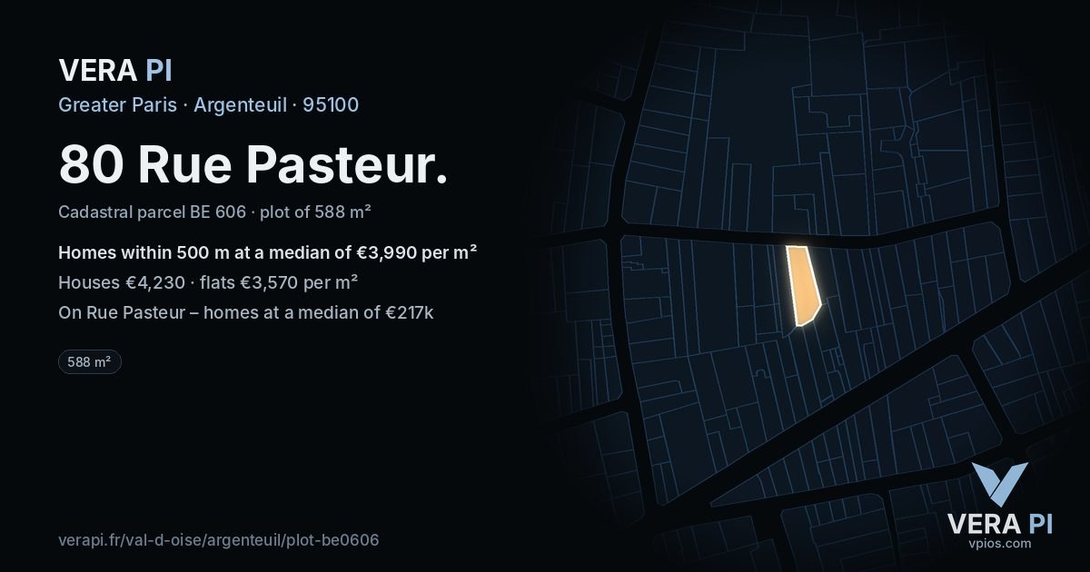 80 Rue Pasteur, Argenteuil at night – the plot lit, the parcels around coloured by the prices near them