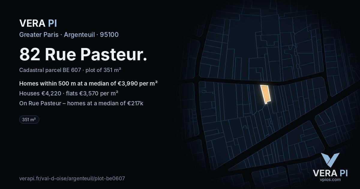 82 Rue Pasteur, Argenteuil at night – the plot lit, the parcels around coloured by the prices near them