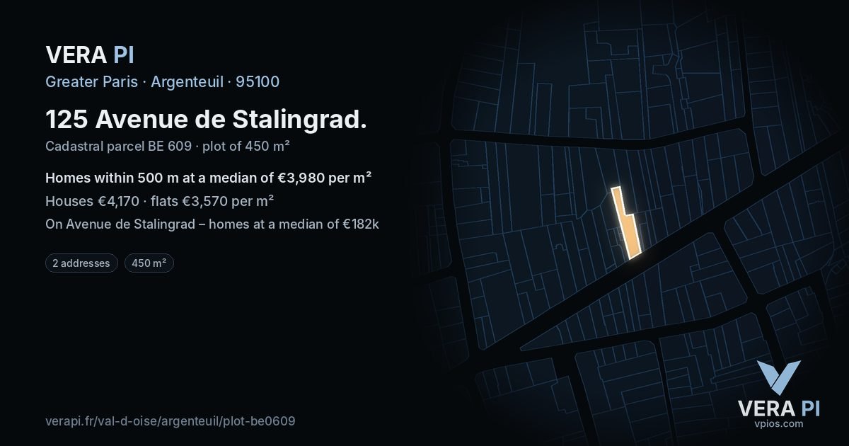 125 Avenue de Stalingrad, Argenteuil at night – the plot lit, the parcels around coloured by the prices near them