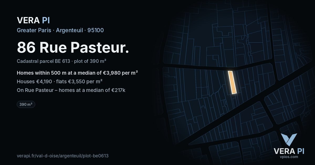 86 Rue Pasteur, Argenteuil at night – the plot lit, the parcels around coloured by the prices near them
