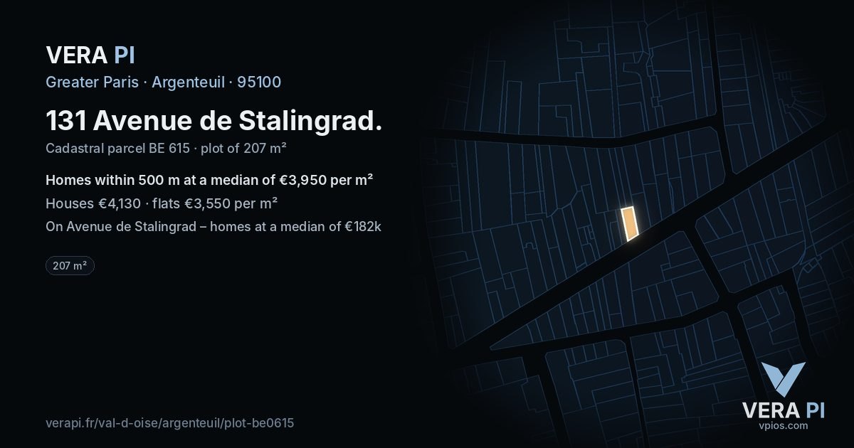 131 Avenue de Stalingrad, Argenteuil at night – the plot lit, the parcels around coloured by the prices near them