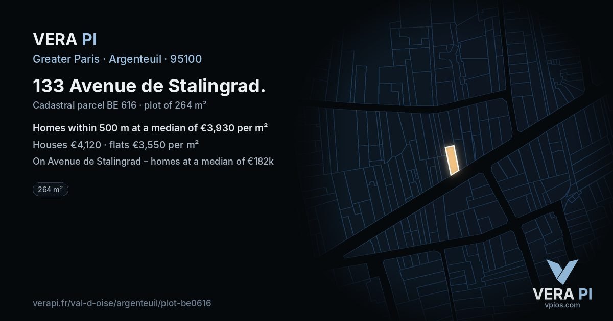 133 Avenue de Stalingrad, Argenteuil at night – the plot lit, the parcels around coloured by the prices near them