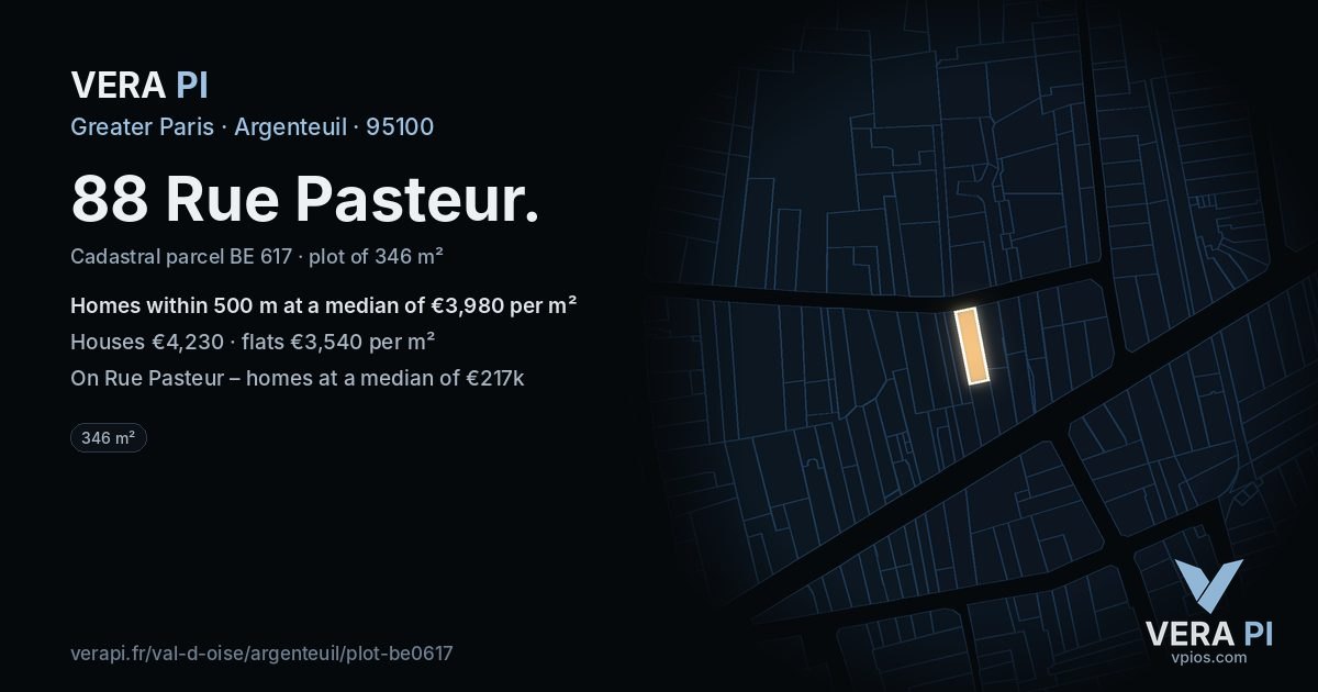 88 Rue Pasteur, Argenteuil at night – the plot lit, the parcels around coloured by the prices near them