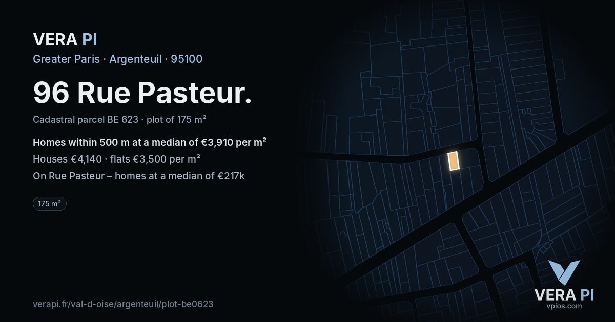 96 Rue Pasteur, Argenteuil at night – the plot lit, the parcels around coloured by the prices near them