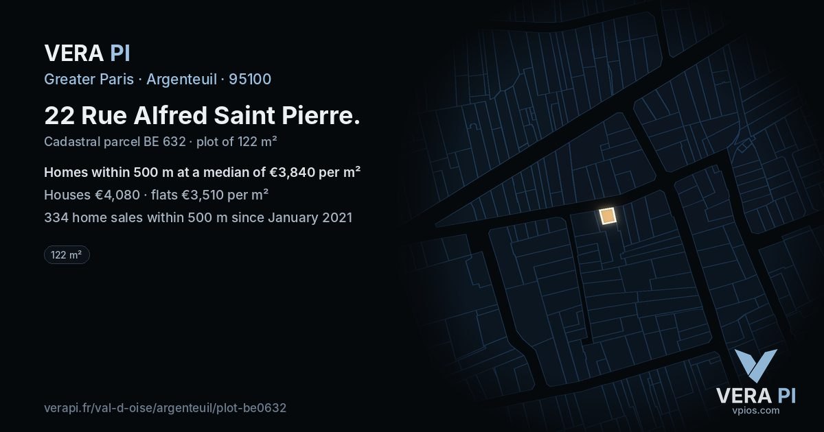 22 Rue Alfred Saint Pierre, Argenteuil at night – the plot lit, the parcels around coloured by the prices near them