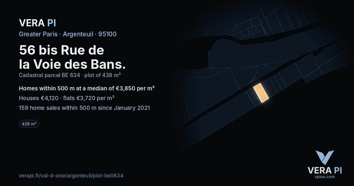 56 bis Rue de la Voie des Bans, Argenteuil at night – the plot lit, the parcels around coloured by the prices near them