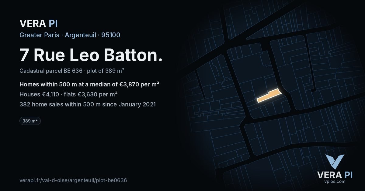 7 Rue Leo Batton, Argenteuil at night – the plot lit, the parcels around coloured by the prices near them