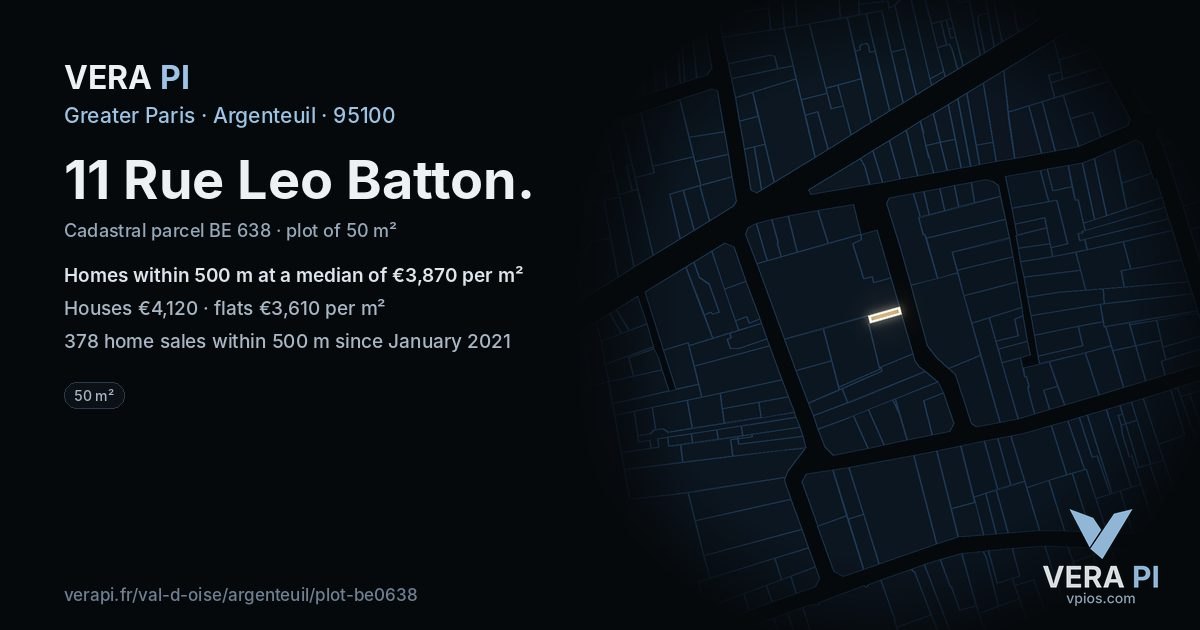 11 Rue Leo Batton, Argenteuil at night – the plot lit, the parcels around coloured by the prices near them