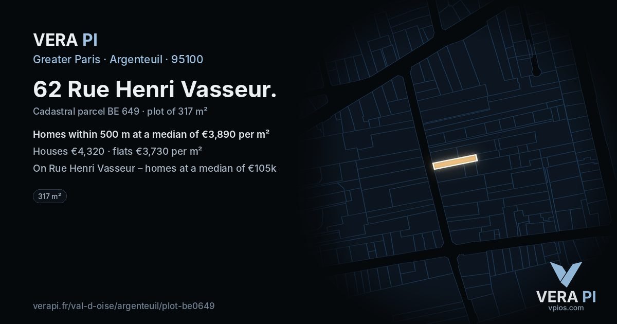 62 Rue Henri Vasseur, Argenteuil at night – the plot lit, the parcels around coloured by the prices near them
