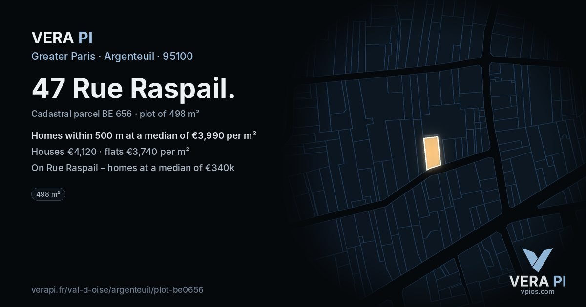 47 Rue Raspail, Argenteuil at night – the plot lit, the parcels around coloured by the prices near them