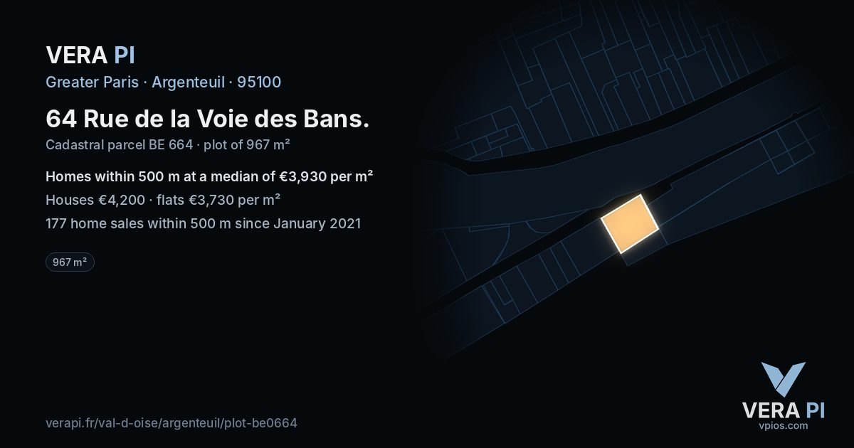 64 Rue de la Voie des Bans, Argenteuil at night – the plot lit, the parcels around coloured by the prices near them