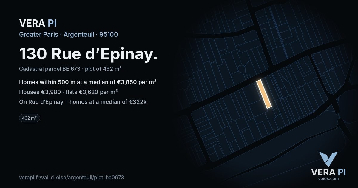 130 Rue d’Epinay, Argenteuil at night – the plot lit, the parcels around coloured by the prices near them